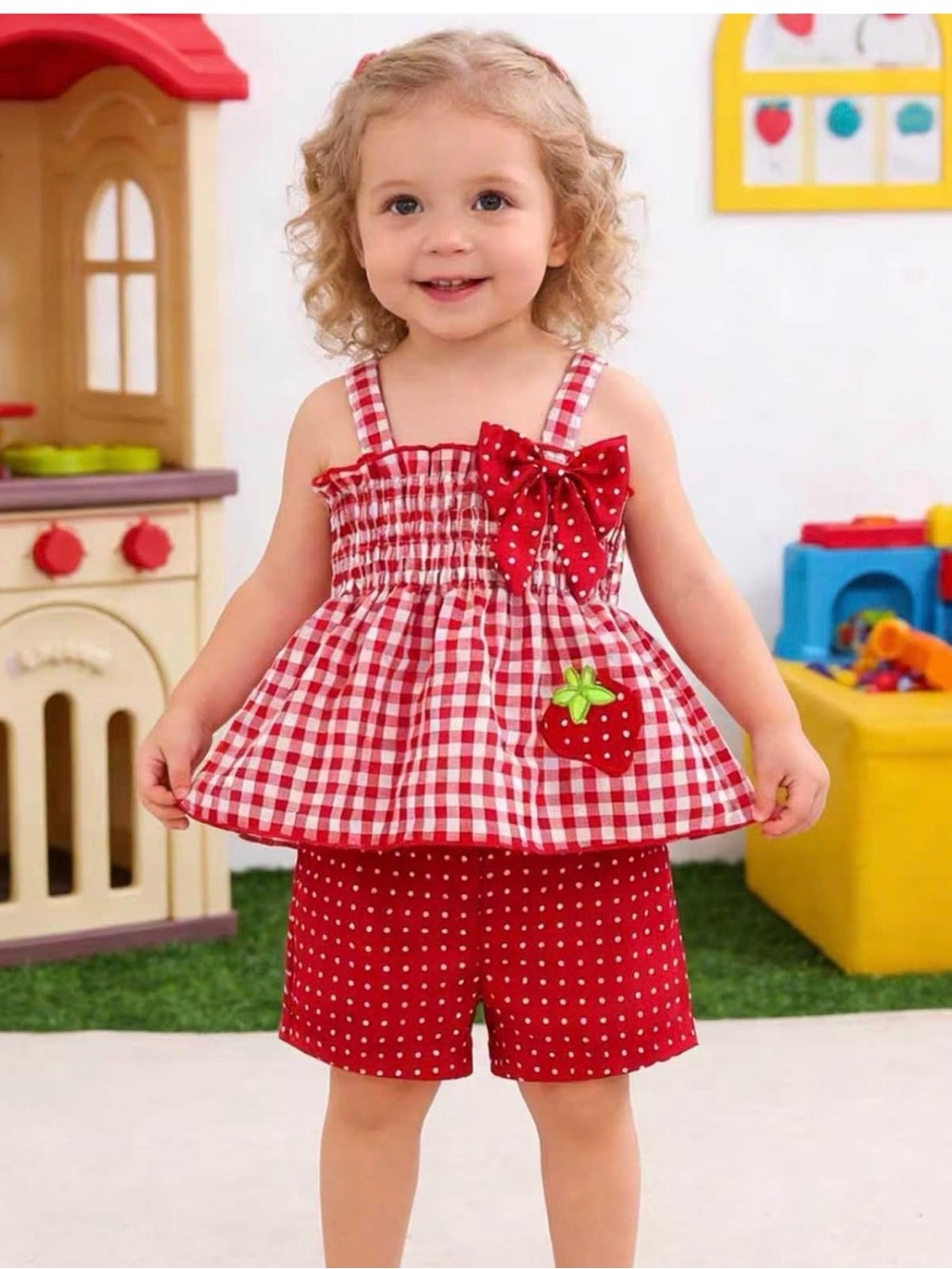 Red Gingham & Polka Dot Strawberry Toddler Matching Set